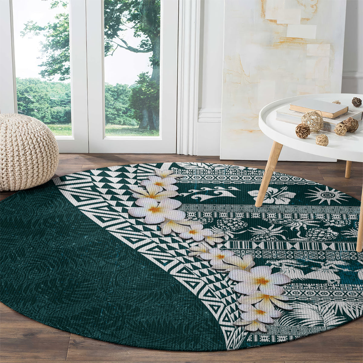 Hawaii Plumeria Tribal Vintage Round Carpet Special Turquoise LT03 - Polynesian Pride