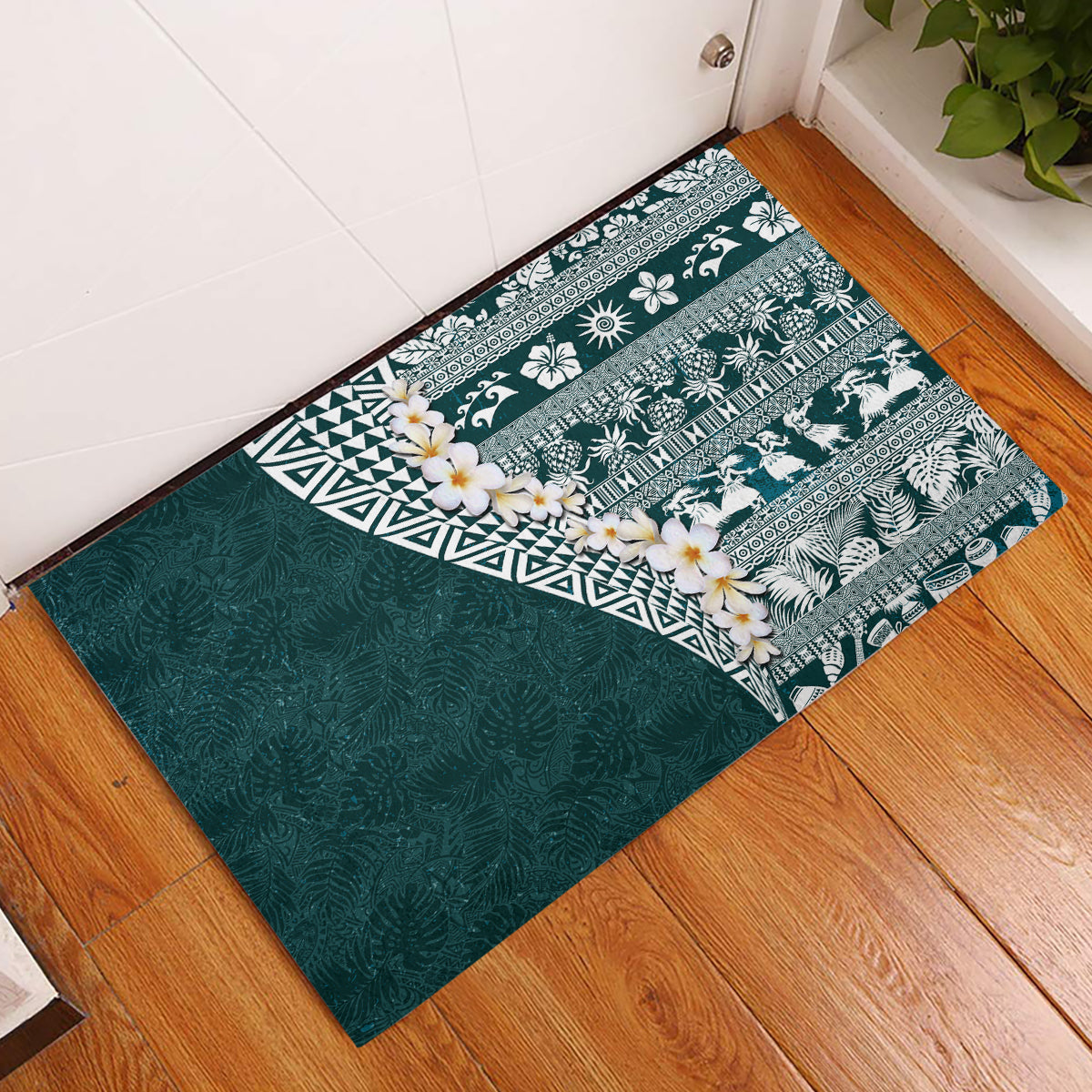 Hawaii Plumeria Tribal Vintage Rubber Doormat Special Turquoise LT03 Turquoise - Polynesian Pride