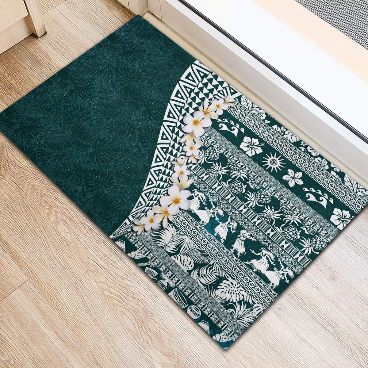 Hawaii Plumeria Tribal Vintage Rubber Doormat Special Turquoise LT03 - Polynesian Pride
