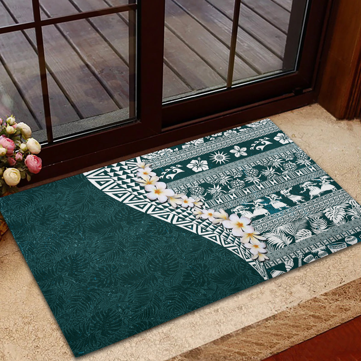 Hawaii Plumeria Tribal Vintage Rubber Doormat Special Turquoise LT03 - Polynesian Pride