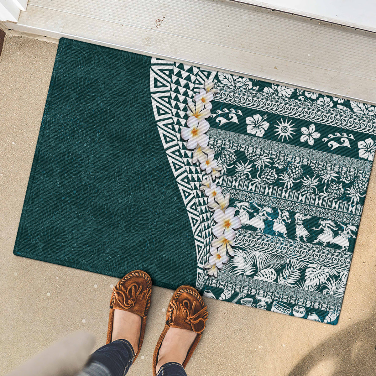 Hawaii Plumeria Tribal Vintage Rubber Doormat Special Turquoise LT03 - Polynesian Pride