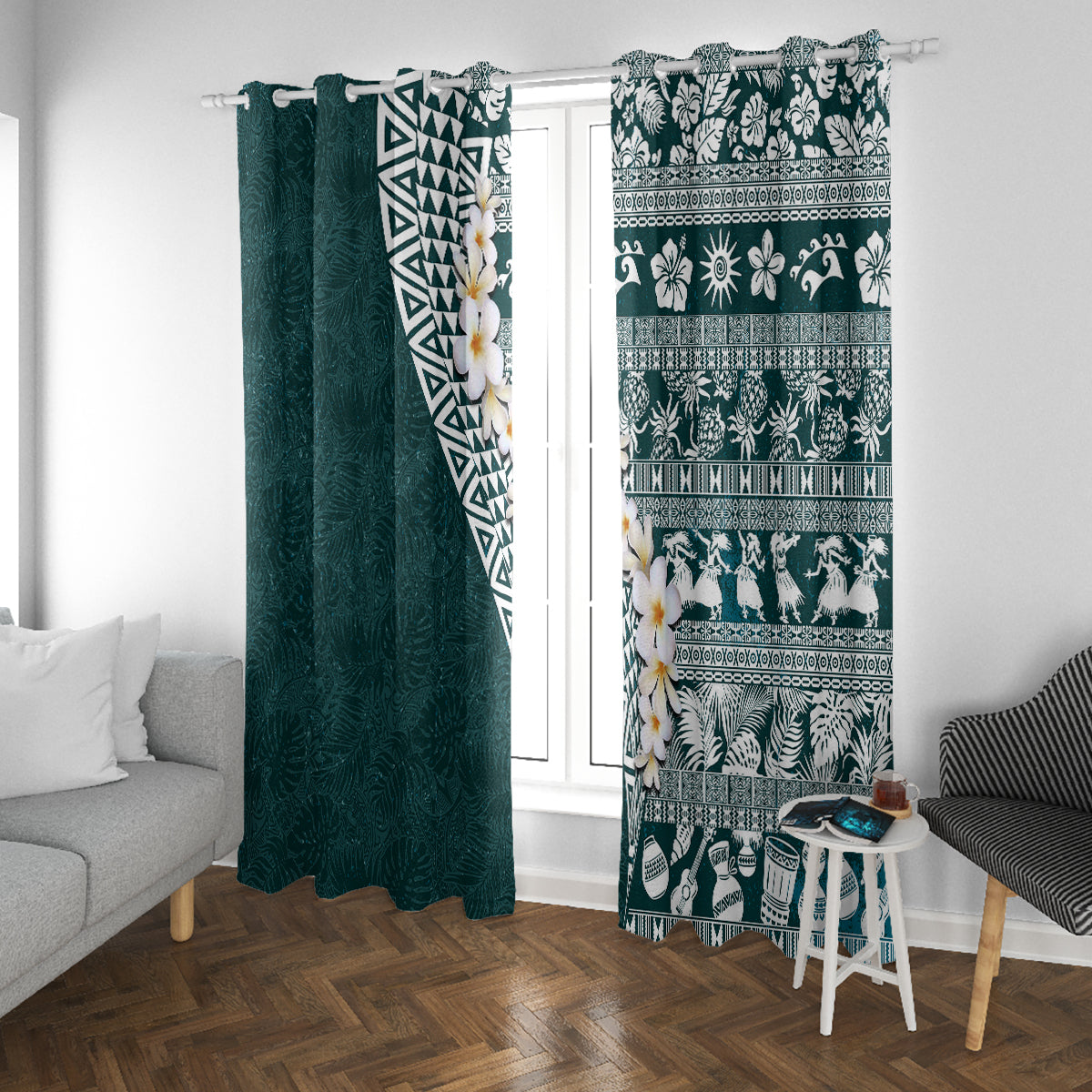 Hawaii Plumeria Tribal Vintage Window Curtain Special Turquoise