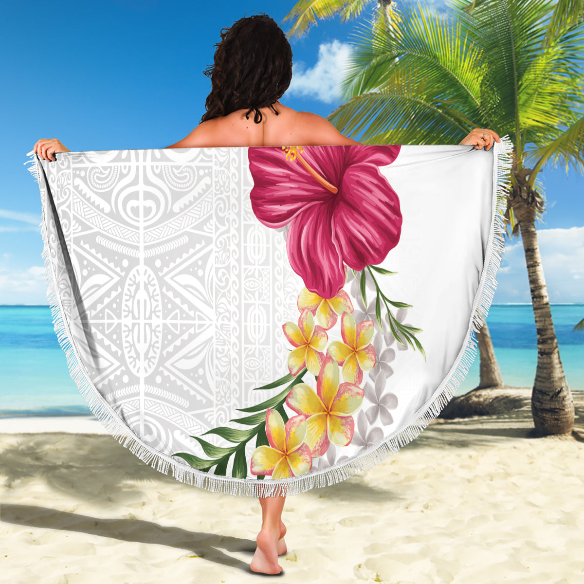Hawaiian Plumeria and Hibiscus Beach Blanket White Mode