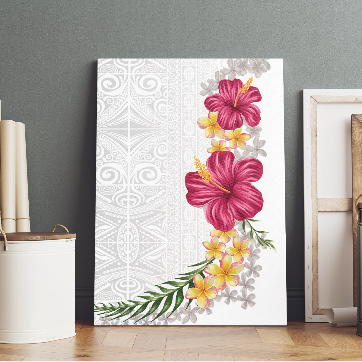 Hawaiian Plumeria and Hibiscus Canvas Wall Art White Mode