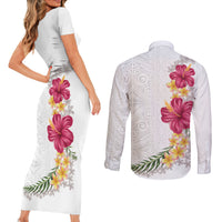Hawaiian Plumeria and Hibiscus Couples Matching Short Sleeve Bodycon Dress and Long Sleeve Button Shirt White Mode