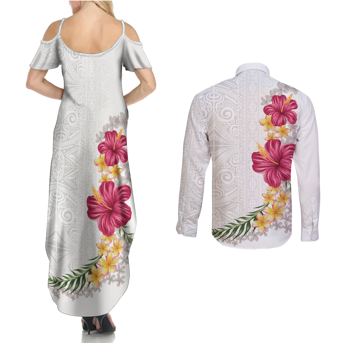Hawaiian Plumeria and Hibiscus Couples Matching Summer Maxi Dress and Long Sleeve Button Shirt White Mode