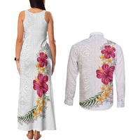 Hawaiian Plumeria and Hibiscus Couples Matching Tank Maxi Dress and Long Sleeve Button Shirt White Mode