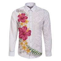 Hawaiian Plumeria and Hibiscus Family Matching Long Sleeve Bodycon Dress and Hawaiian Shirt White Mode LT03 Dad's Shirt - Long Sleeve White - Polynesian Pride