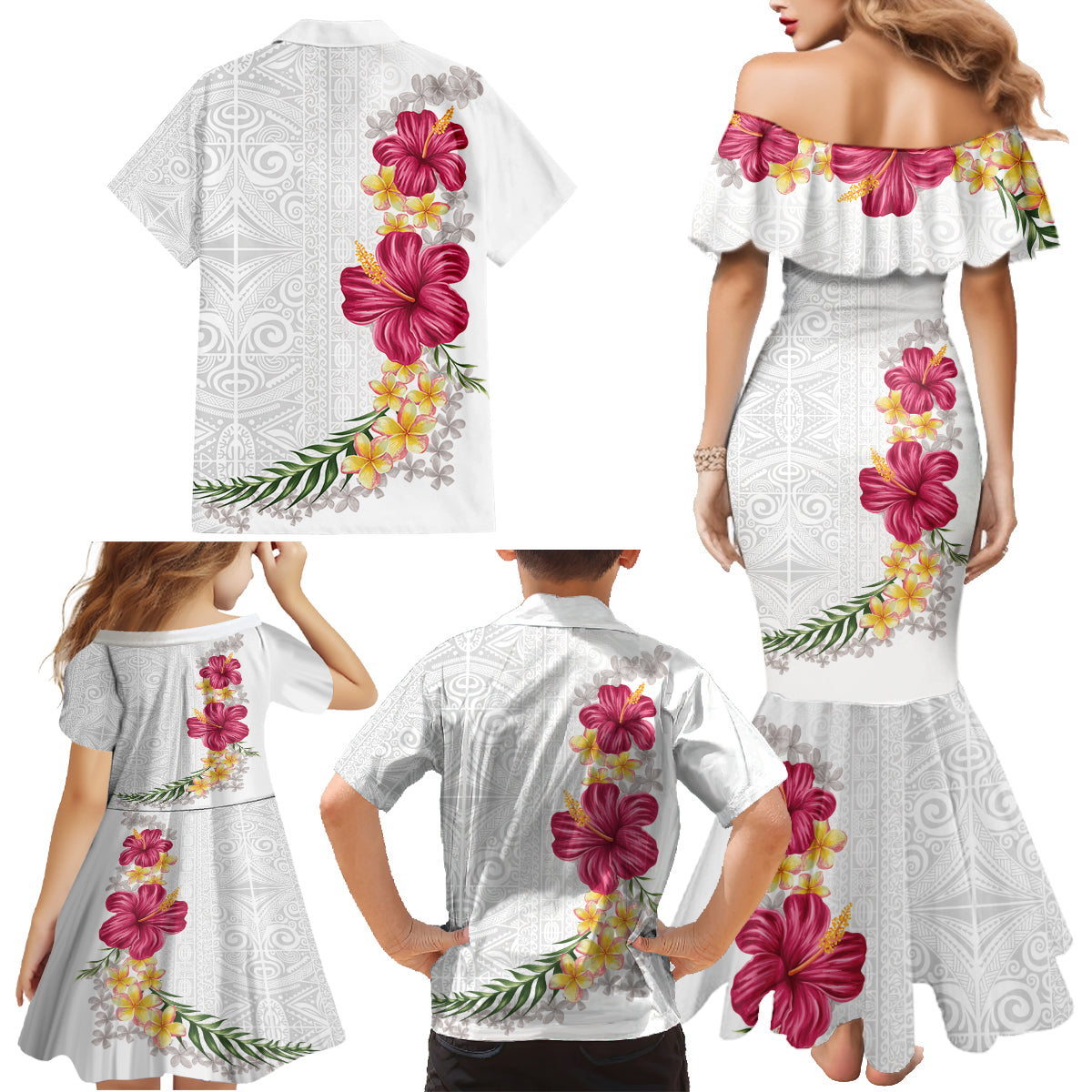 Hawaiian Plumeria and Hibiscus Family Matching Mermaid Dress and Hawaiian Shirt White Mode