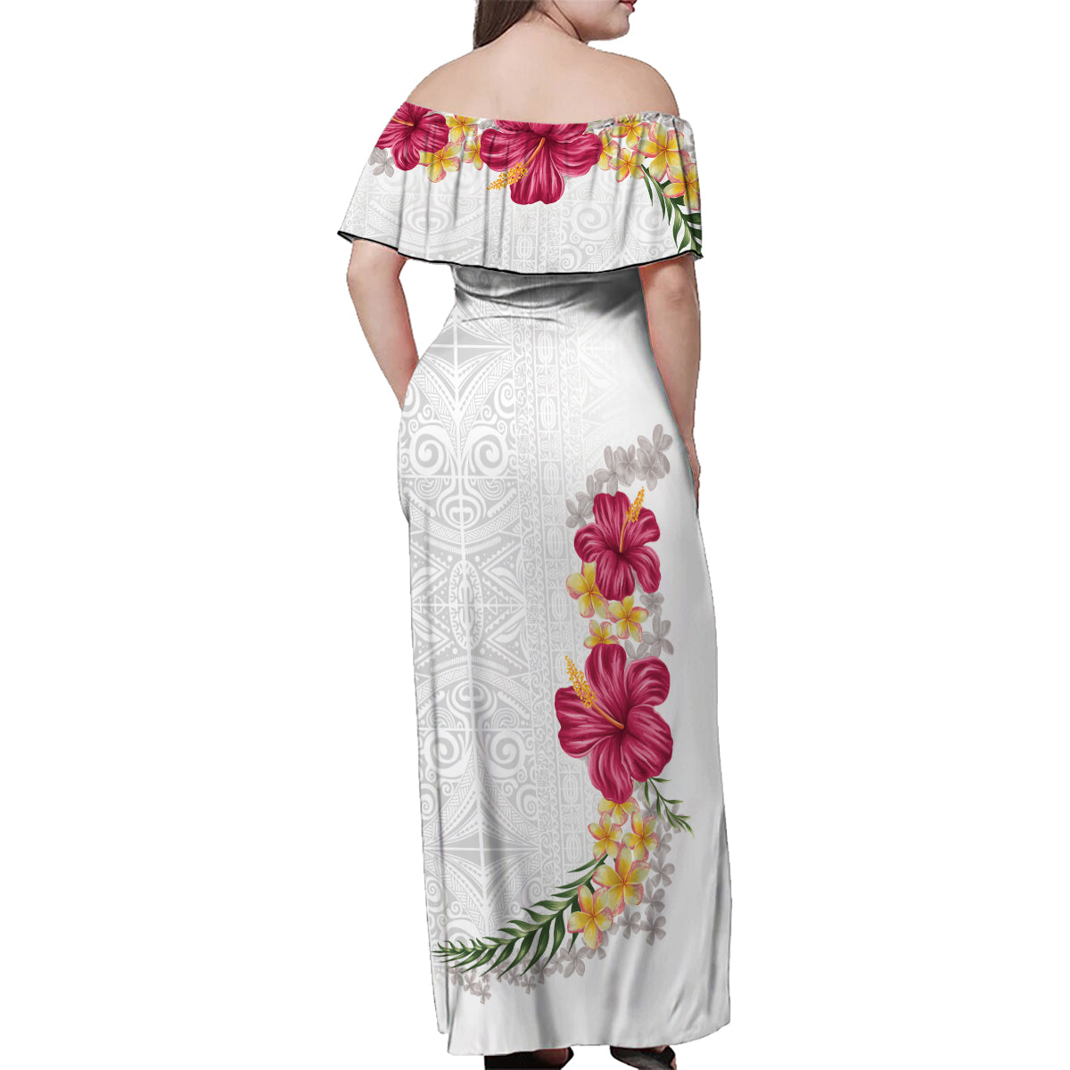 Hawaiian Plumeria and Hibiscus Family Matching Off Shoulder Maxi Dress and Hawaiian Shirt White Mode
