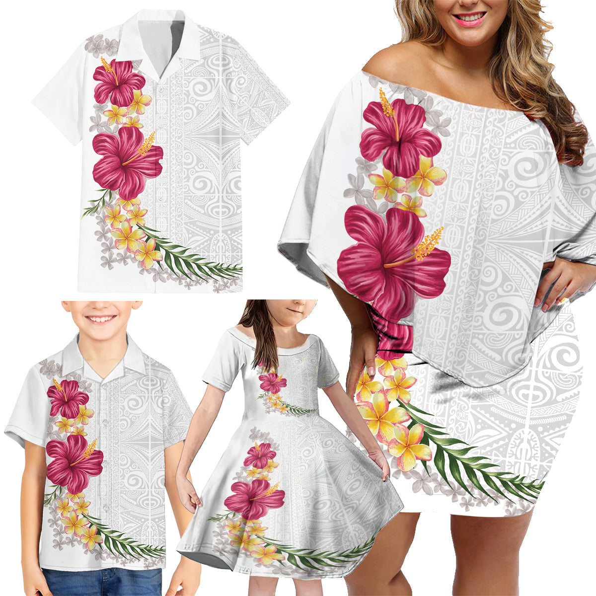 Hawaiian Plumeria and Hibiscus Family Matching Off Shoulder Short Dress and Hawaiian Shirt White Mode