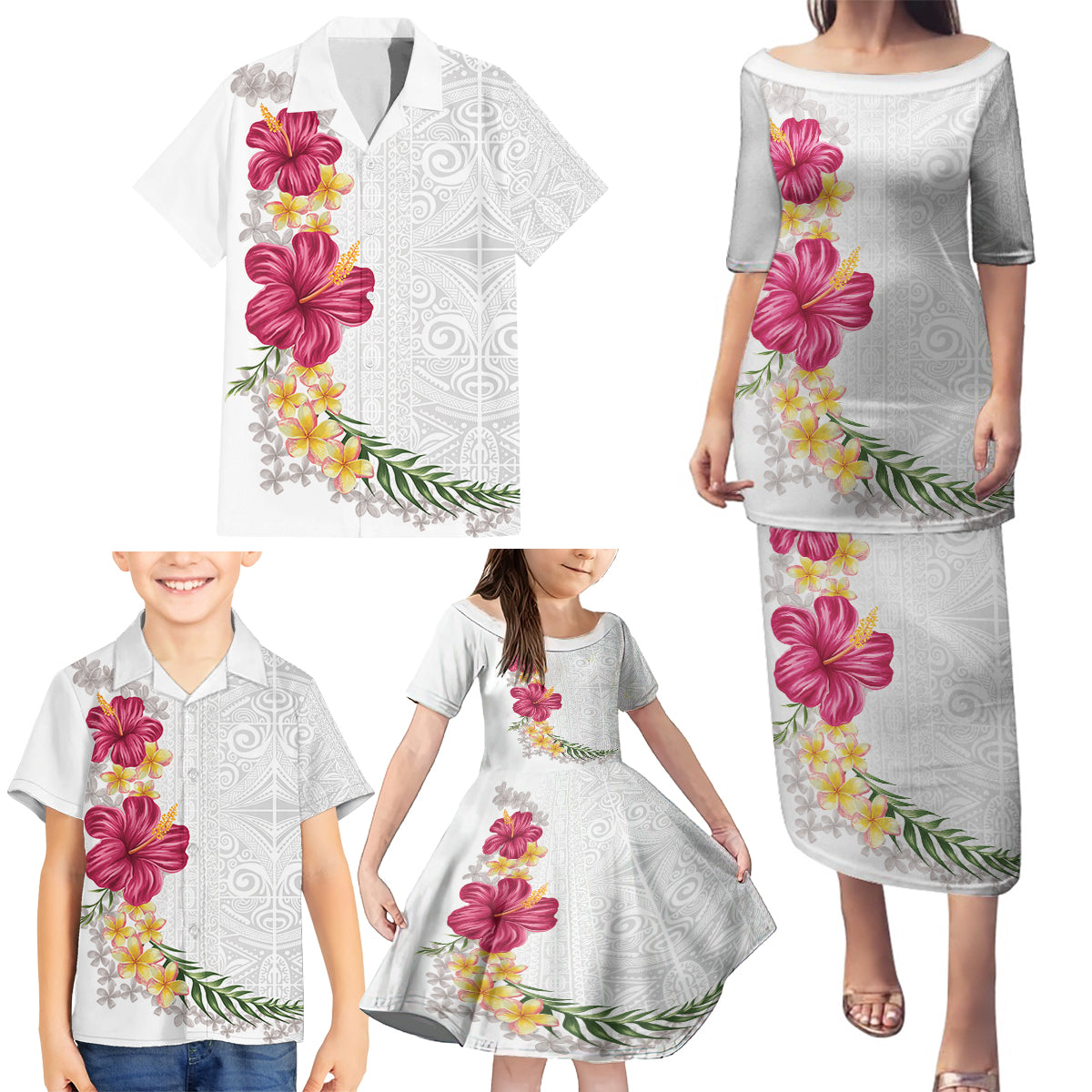 Hawaiian Plumeria and Hibiscus Family Matching Puletasi and Hawaiian Shirt White Mode