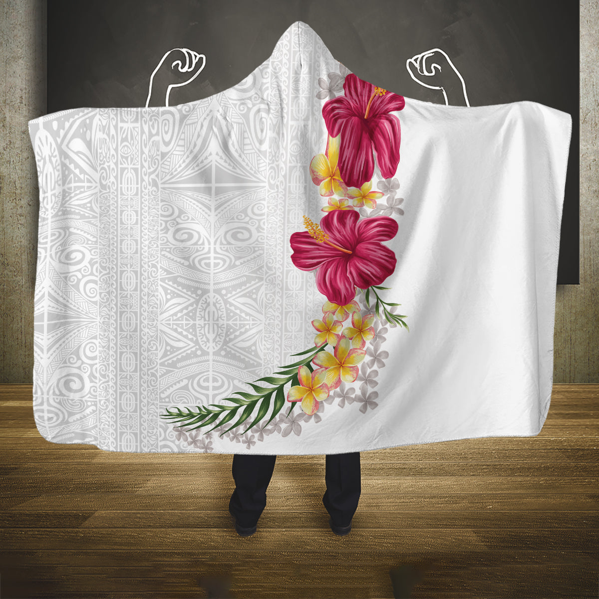 Hawaiian Plumeria and Hibiscus Hooded Blanket White Mode LT03 One Size White - Polynesian Pride