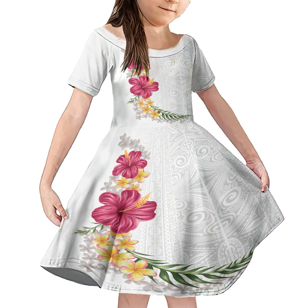 Hawaiian Plumeria and Hibiscus Kid Short Sleeve Dress White Mode