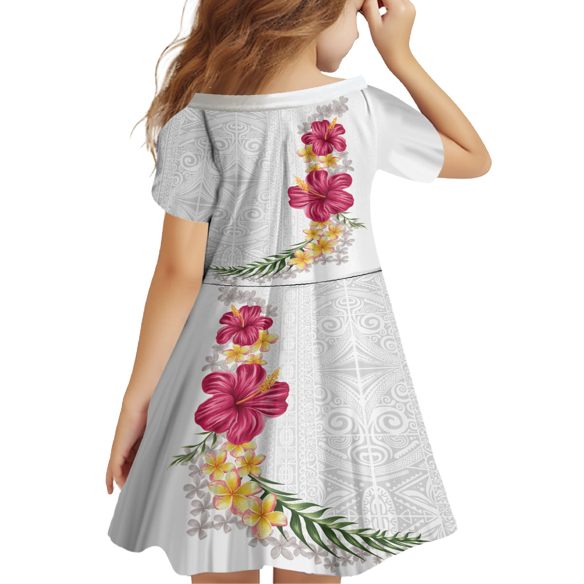 Hawaiian Plumeria and Hibiscus Kid Short Sleeve Dress White Mode LT03 - Polynesian Pride