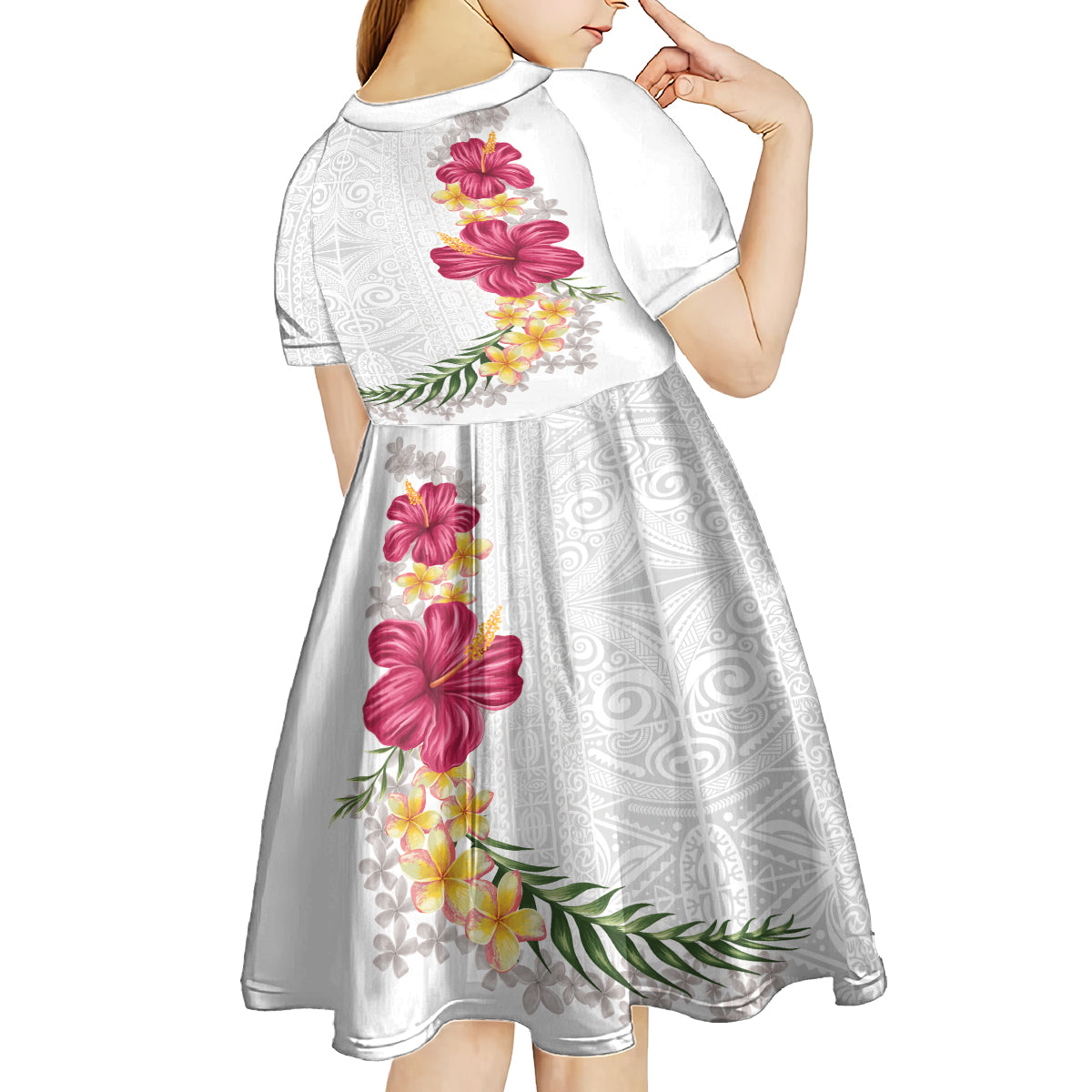Hawaiian Plumeria and Hibiscus Kid Short Sleeve Dress White Mode LT03 - Polynesian Pride
