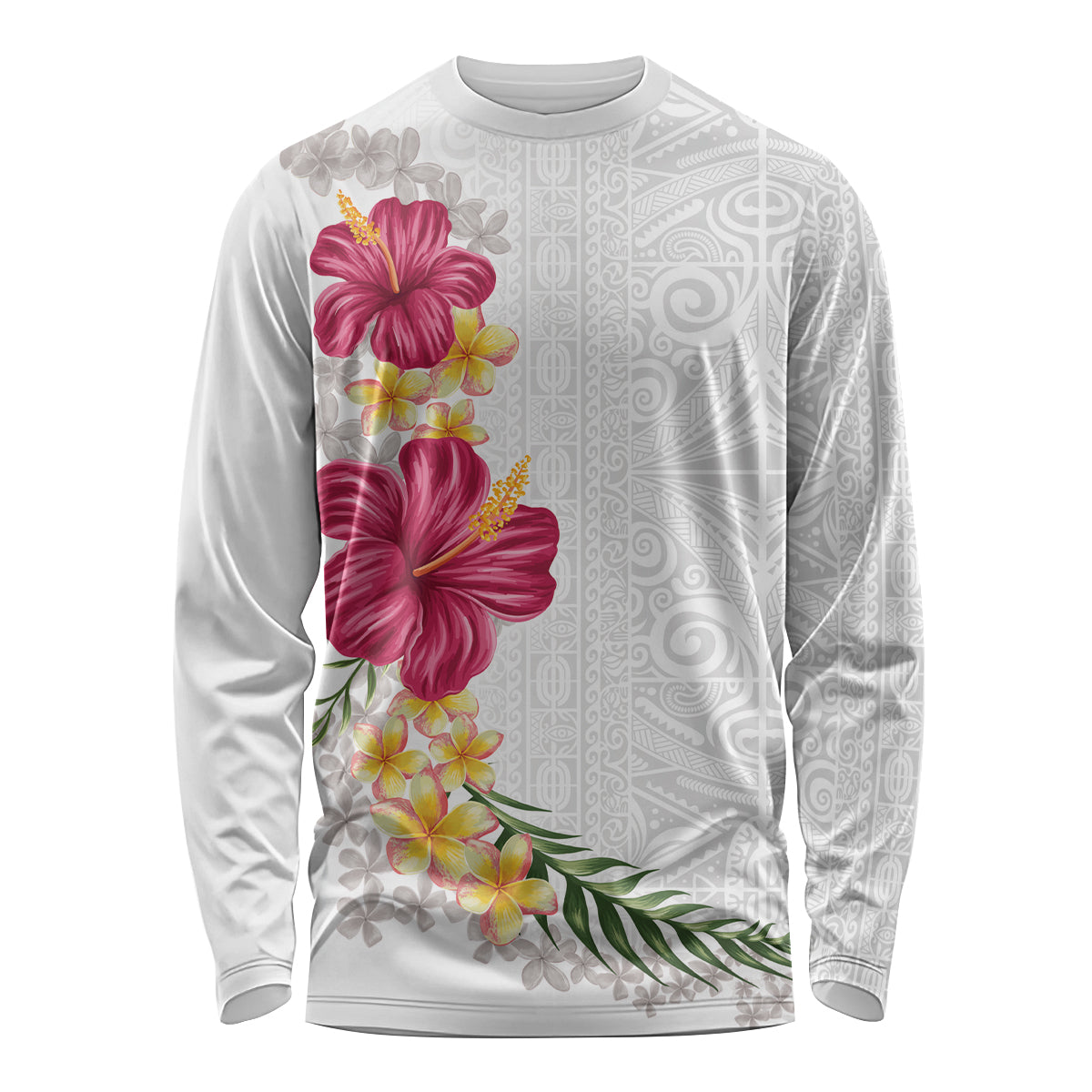 Hawaiian Plumeria and Hibiscus Long Sleeve Shirt White Mode