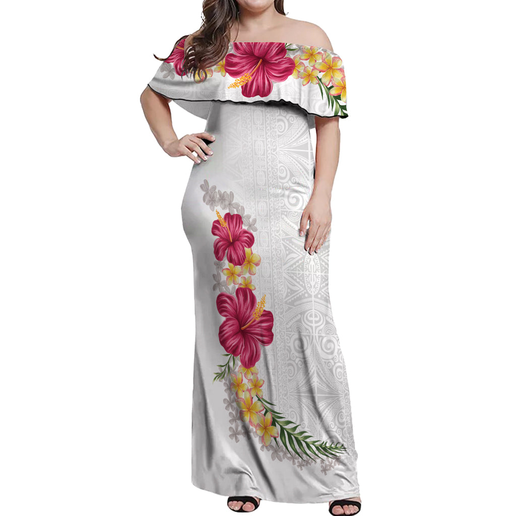 Hawaiian Plumeria and Hibiscus Off Shoulder Maxi Dress White Mode