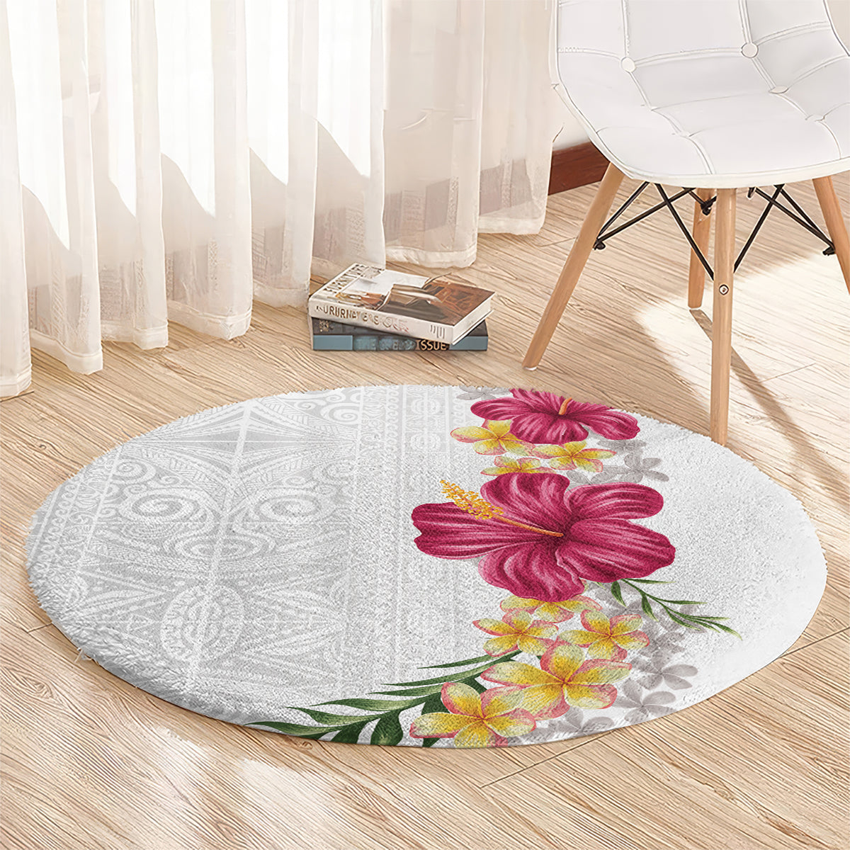 Hawaiian Plumeria and Hibiscus Round Carpet White Mode LT03 - Polynesian Pride