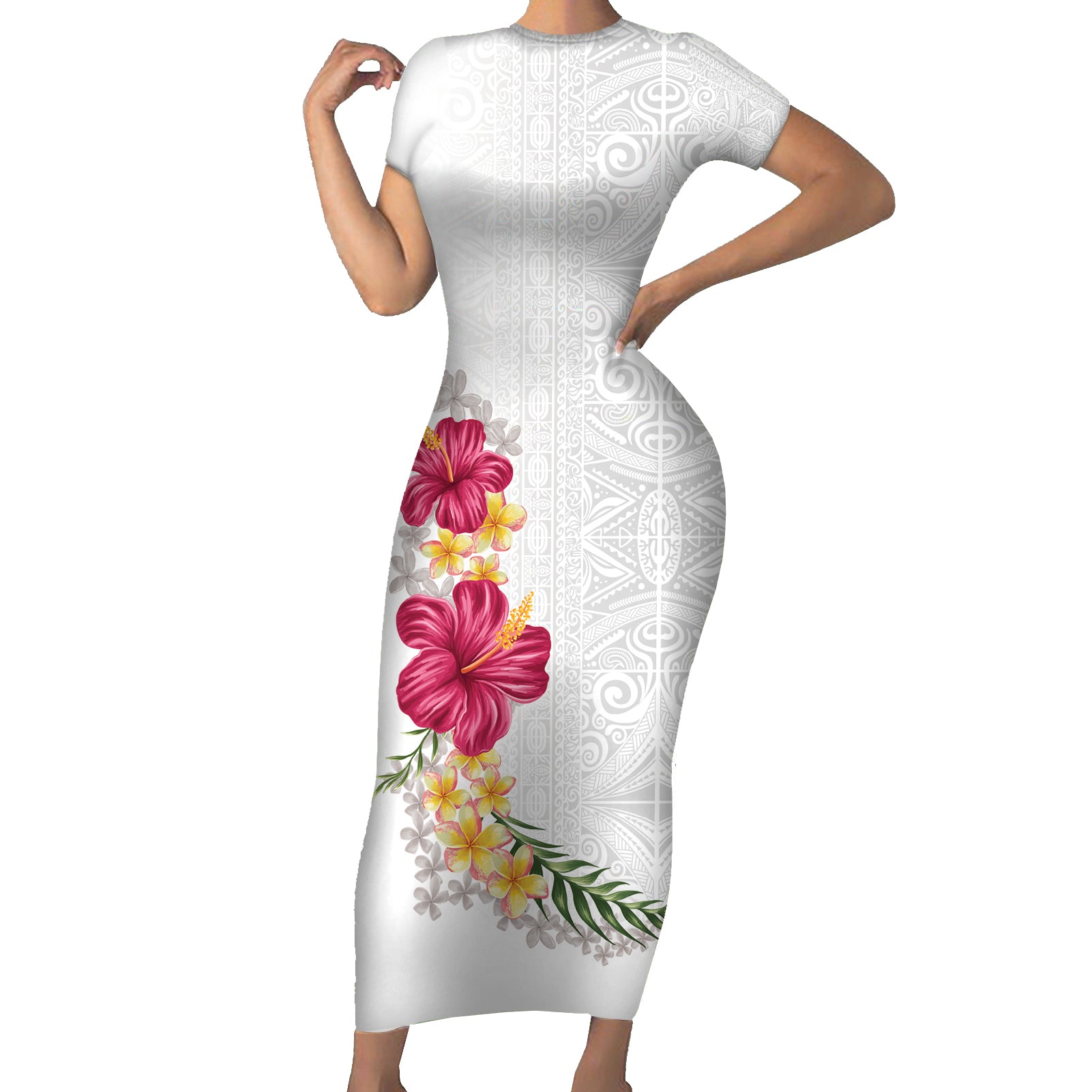 Hawaiian Plumeria and Hibiscus Short Sleeve Bodycon Dress White Mode