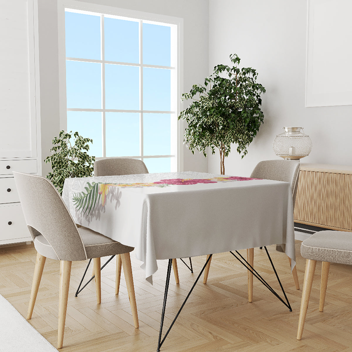 Hawaiian Plumeria and Hibiscus Tablecloth White Mode