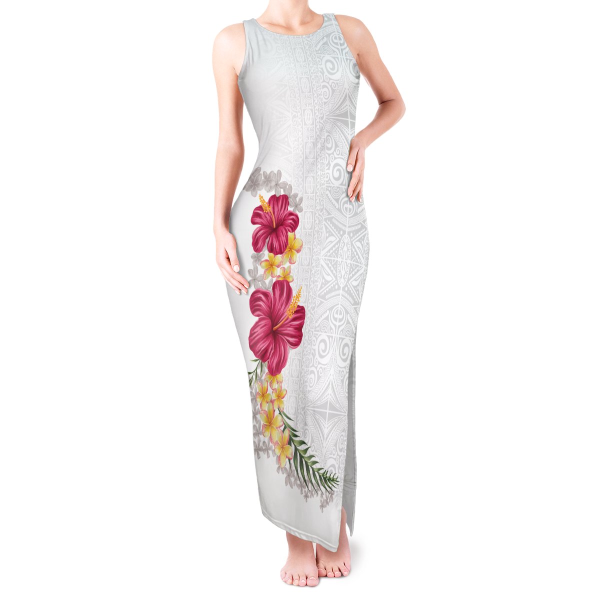 Hawaiian Plumeria and Hibiscus Tank Maxi Dress White Mode LT03 Women White - Polynesian Pride