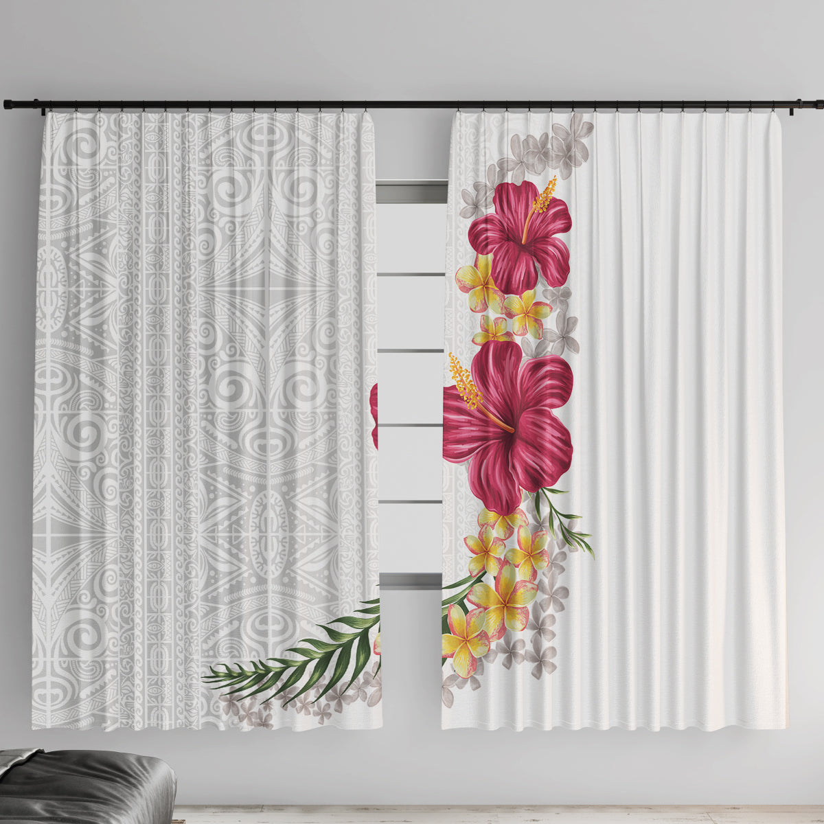 Hawaiian Plumeria and Hibiscus Window Curtain White Mode LT03 With Hooks White - Polynesian Pride