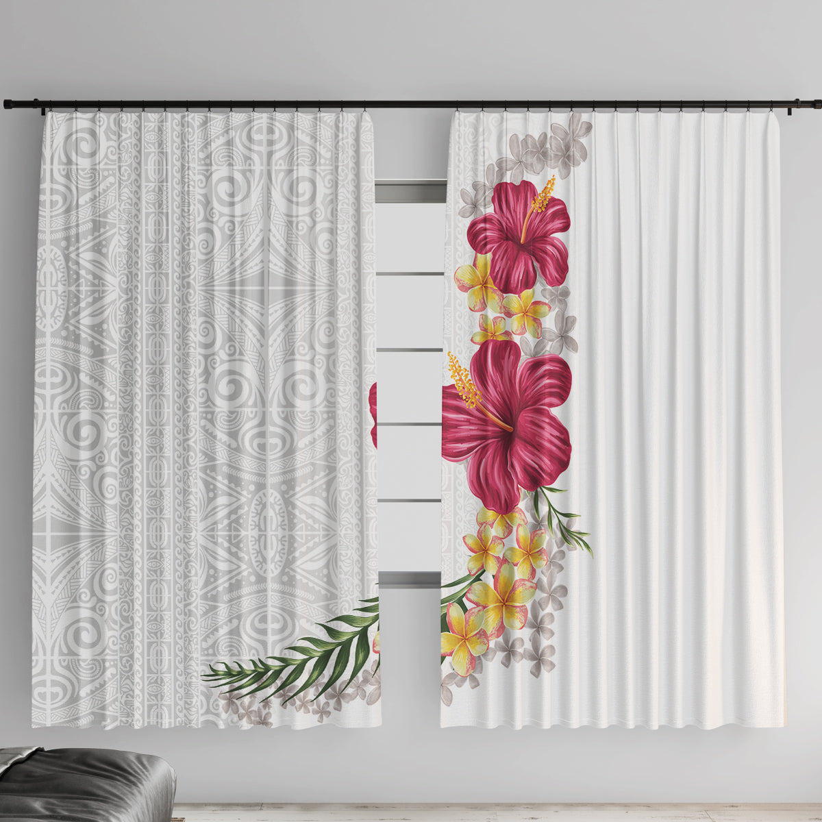 Hawaiian Plumeria and Hibiscus Window Curtain White Mode