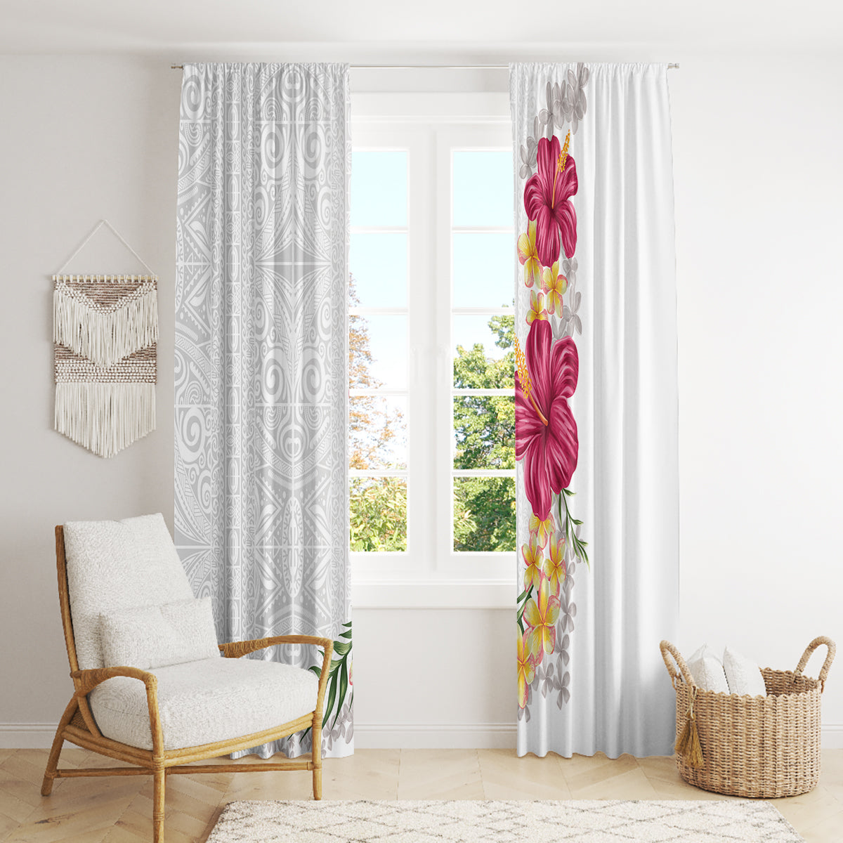 Hawaiian Plumeria and Hibiscus Window Curtain White Mode LT03 - Polynesian Pride