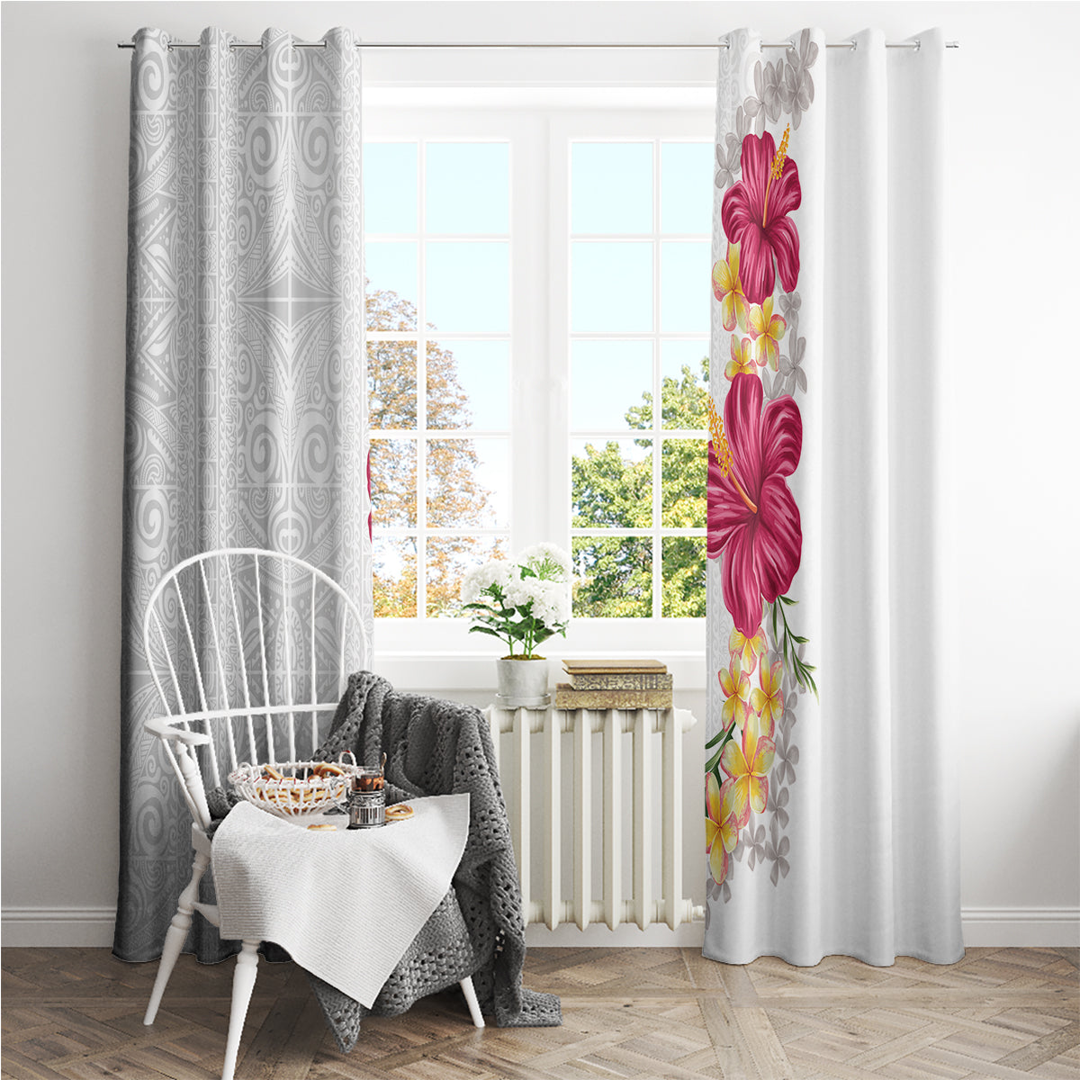 Hawaiian Plumeria and Hibiscus Window Curtain White Mode LT03 - Polynesian Pride