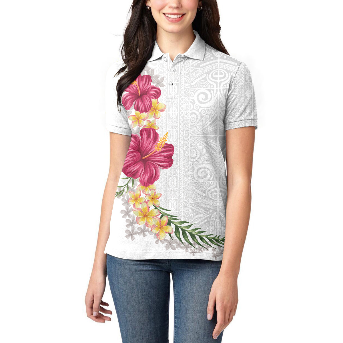 Hawaiian Plumeria and Hibiscus Women Polo Shirt White Mode LT03 - Polynesian Pride