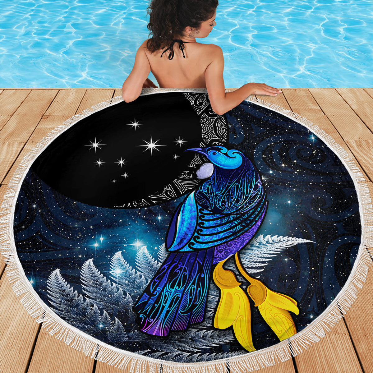 New Zealand Tui Bird Matariki Beach Blanket Galaxy Fern With Maori Pattern LT03 - Polynesian Pride