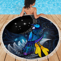 New Zealand Tui Bird Matariki Beach Blanket Galaxy Fern With Maori Pattern LT03 - Polynesian Pride