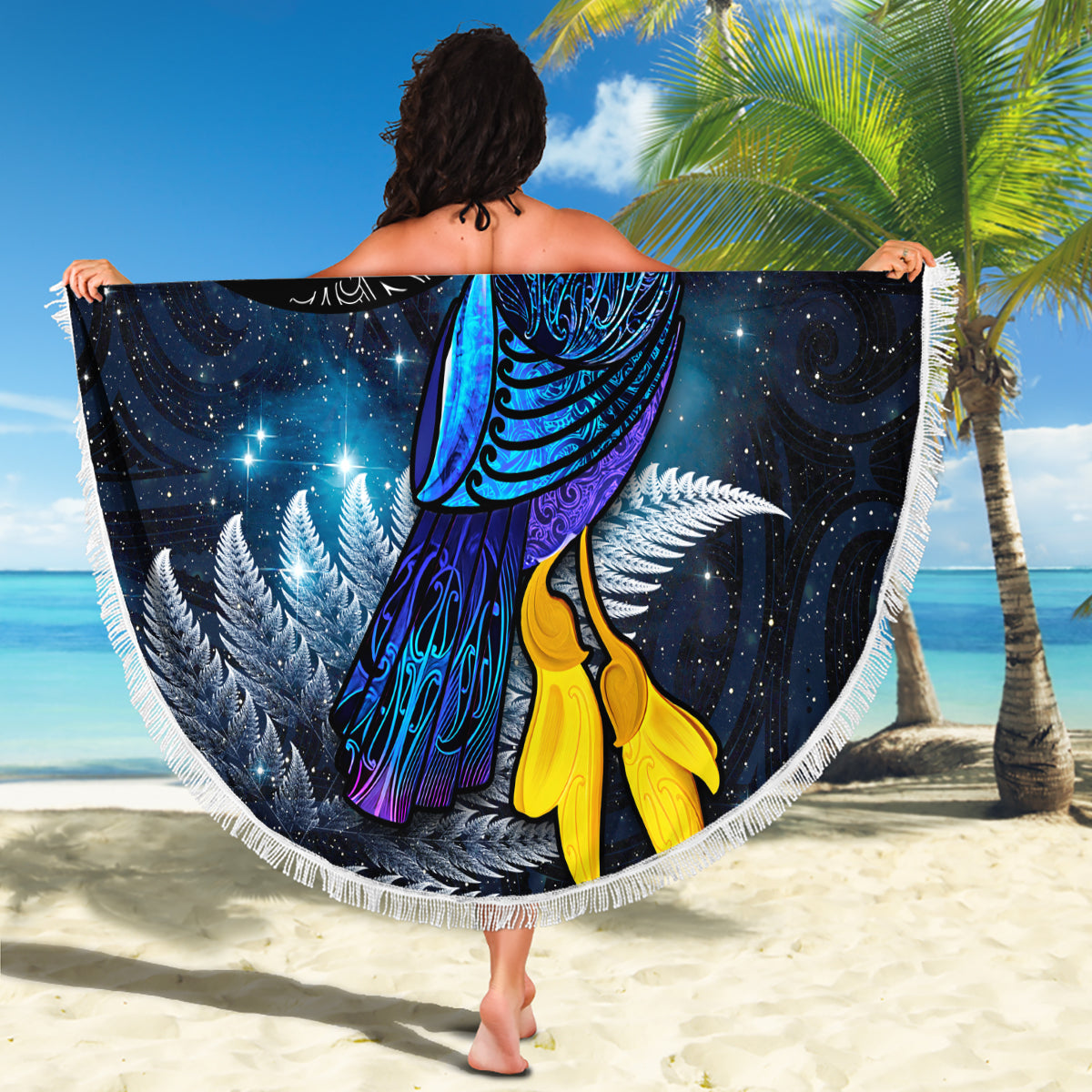 New Zealand Tui Bird Matariki Beach Blanket Galaxy Fern With Maori Pattern LT03 - Polynesian Pride