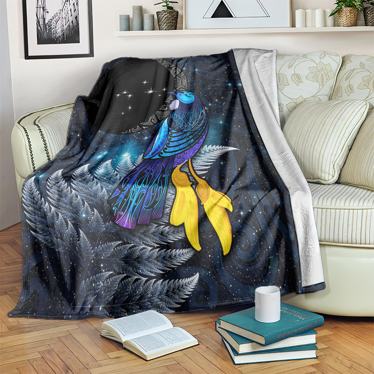 New Zealand Tui Bird Matariki Blanket Galaxy Fern With Maori Pattern