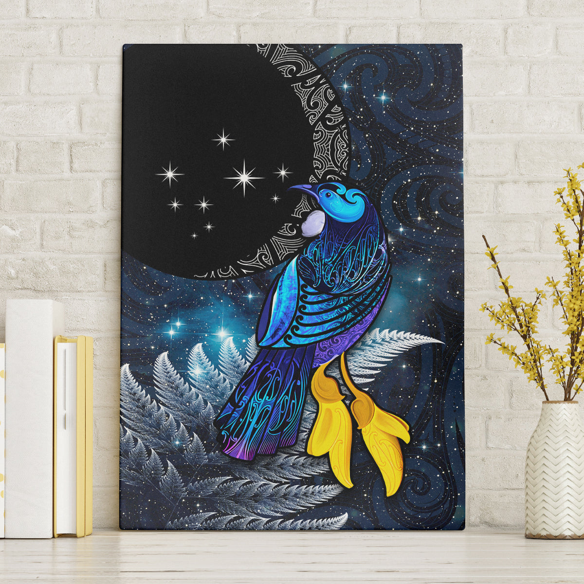 New Zealand Tui Bird Matariki Canvas Wall Art Galaxy Fern With Maori Pattern