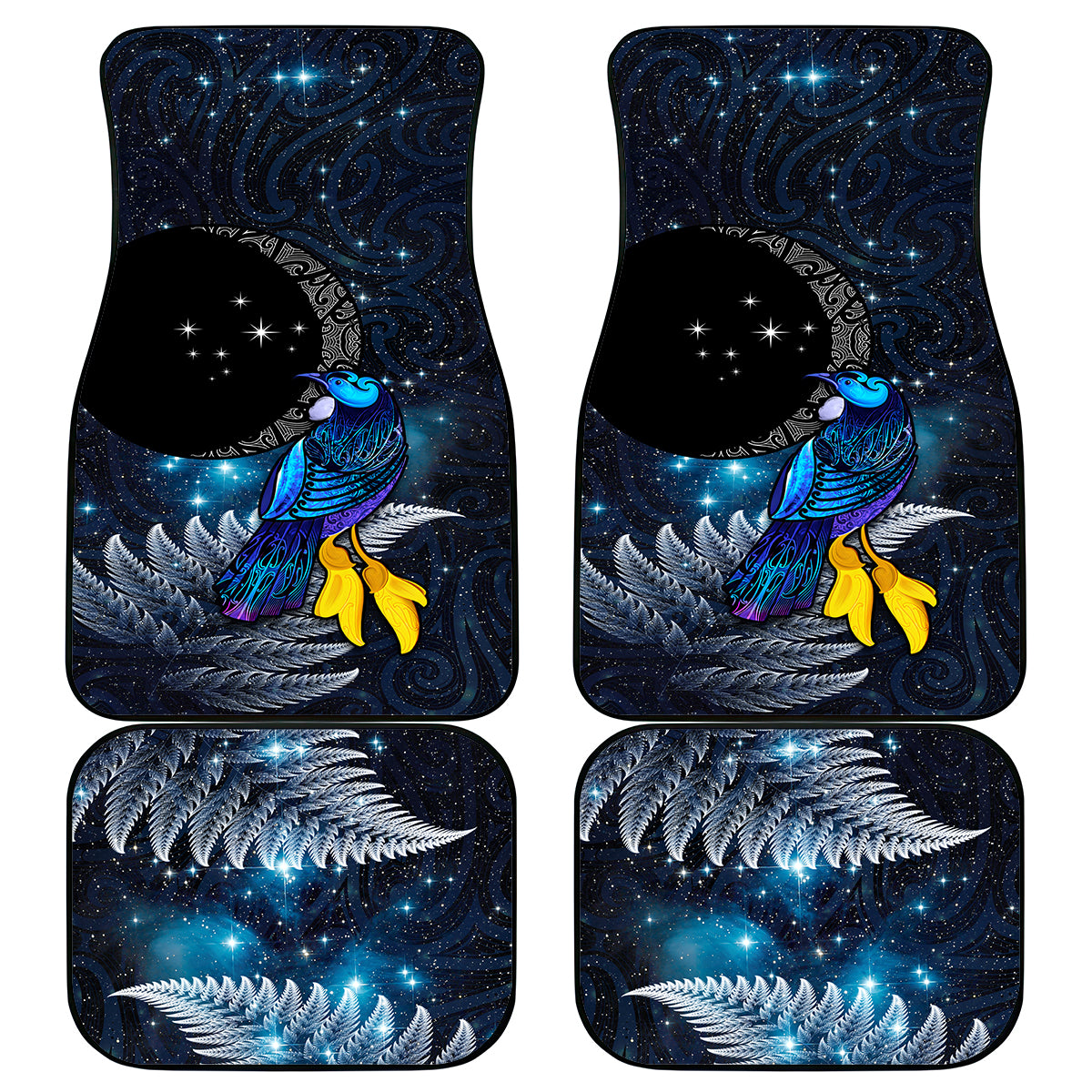 New Zealand Tui Bird Matariki Car Mats Galaxy Fern With Maori Pattern LT03 - Polynesian Pride
