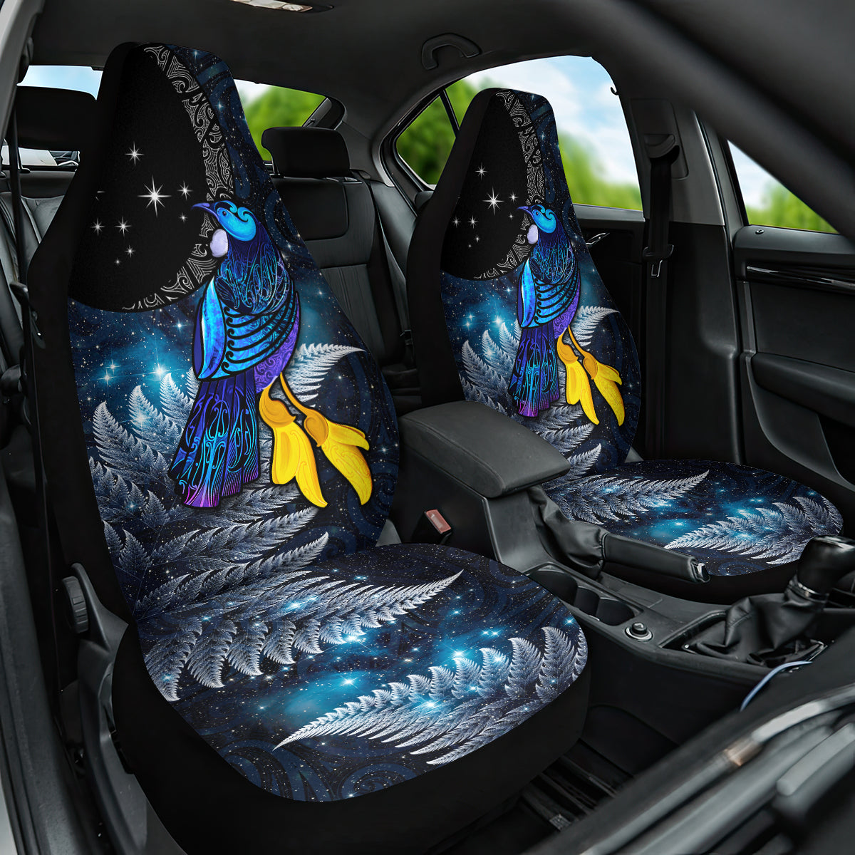 New Zealand Tui Bird Matariki Car Seat Cover Galaxy Fern With Maori Pattern