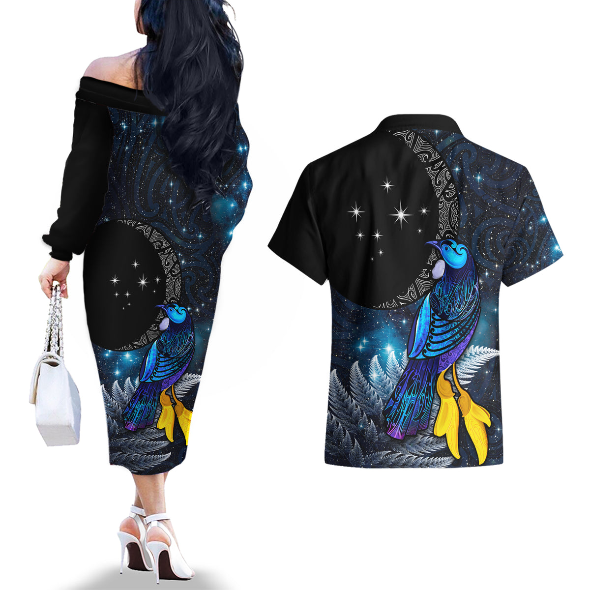 New Zealand Tui Bird Matariki Couples Matching Off The Shoulder Long Sleeve Dress and Hawaiian Shirt Galaxy Fern With Maori Pattern