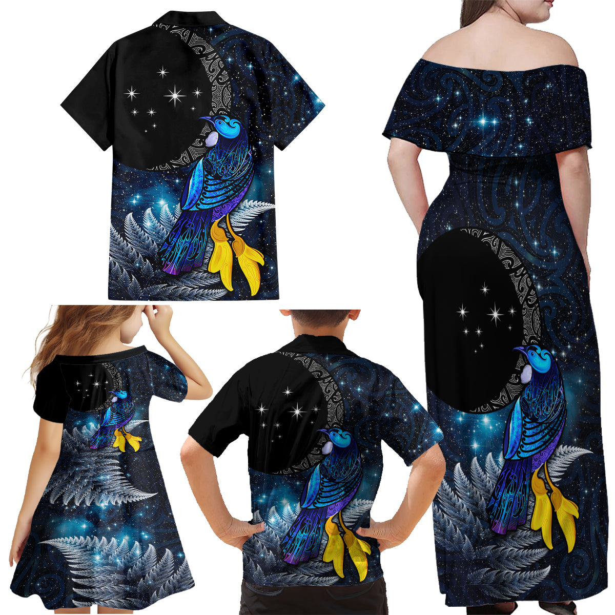 New Zealand Tui Bird Matariki Family Matching Off Shoulder Maxi Dress and Hawaiian Shirt Galaxy Fern With Maori Pattern