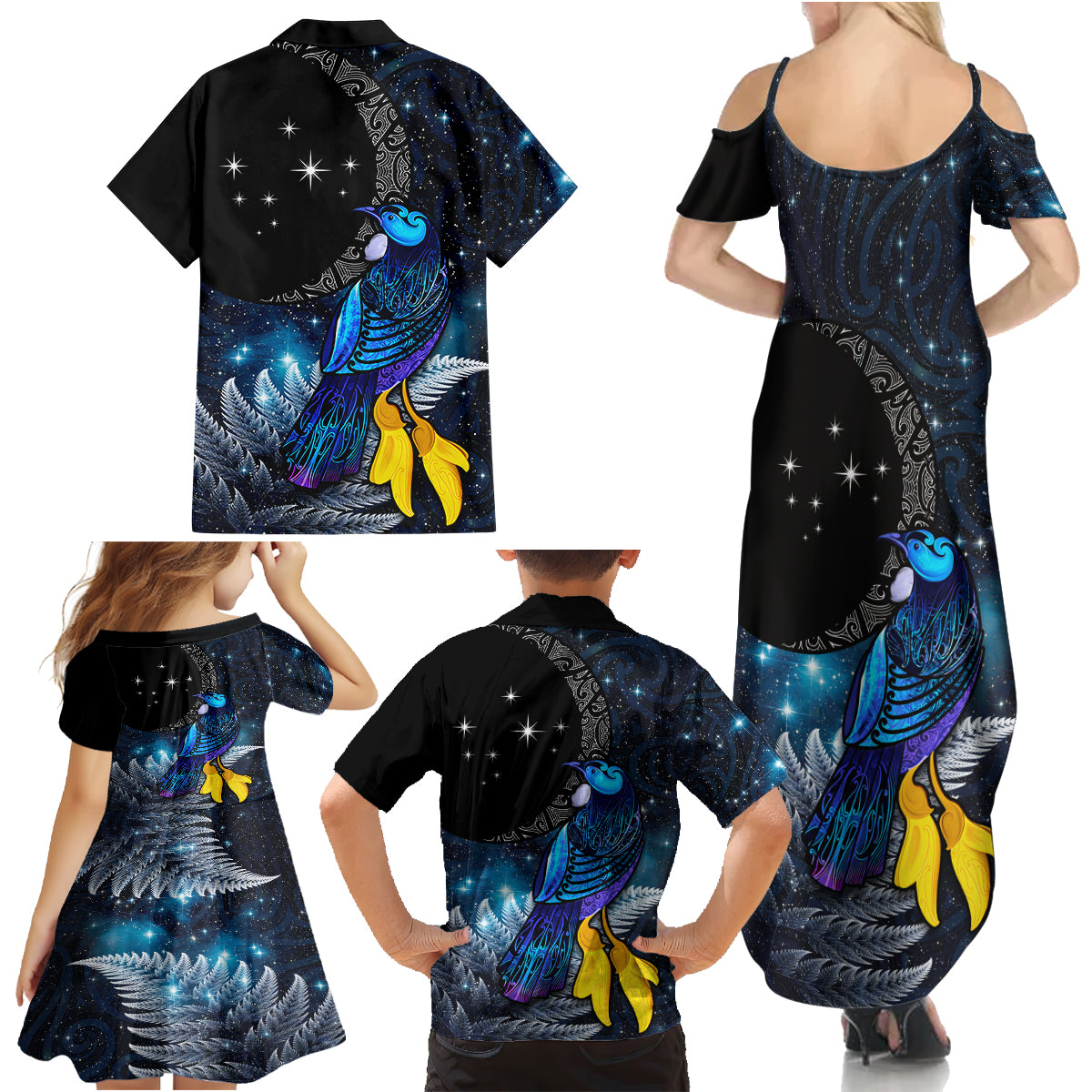 New Zealand Tui Bird Matariki Family Matching Summer Maxi Dress and Hawaiian Shirt Galaxy Fern With Maori Pattern