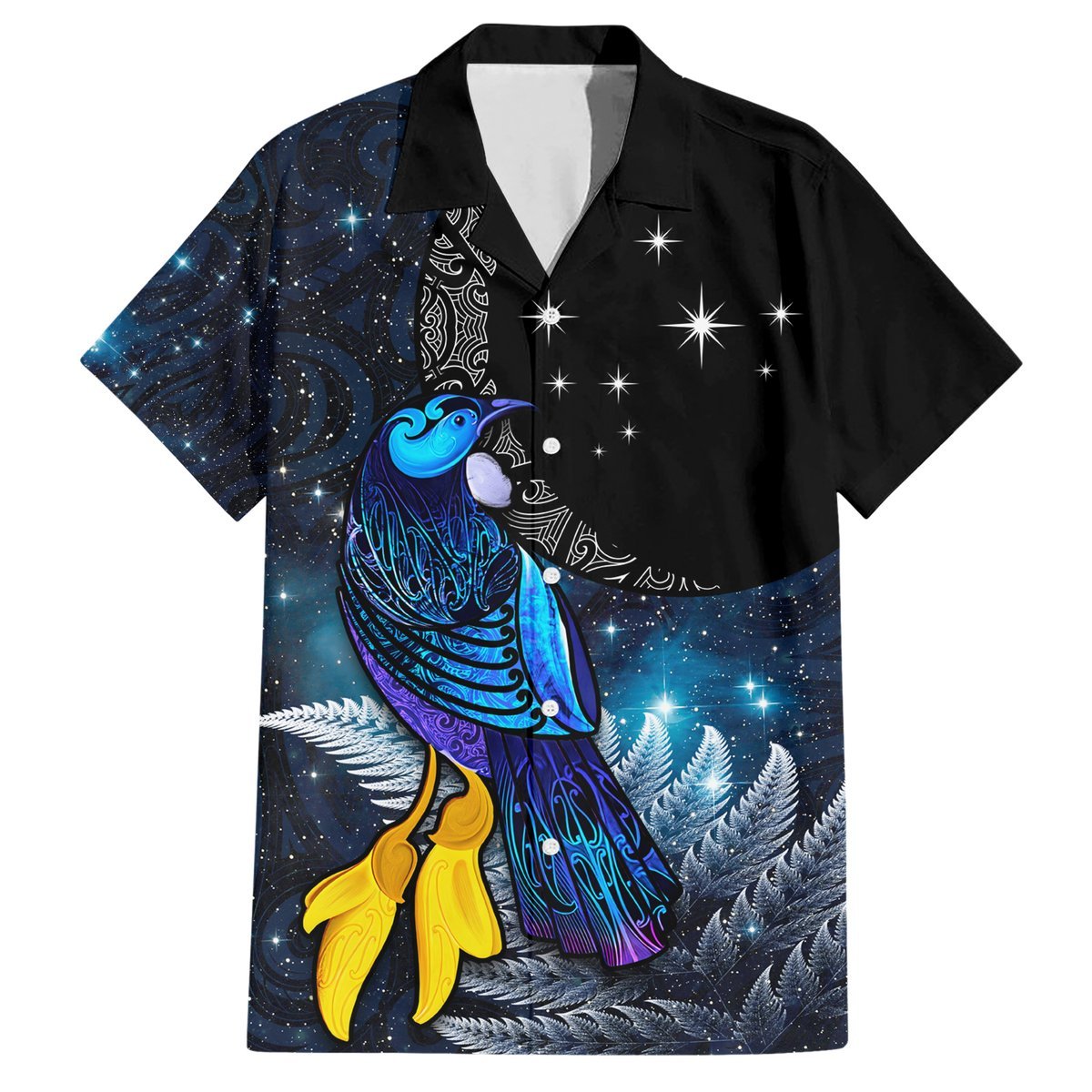 New Zealand Tui Bird Matariki Hawaiian Shirt Galaxy Fern With Maori Pattern LT03 Blue - Polynesian Pride