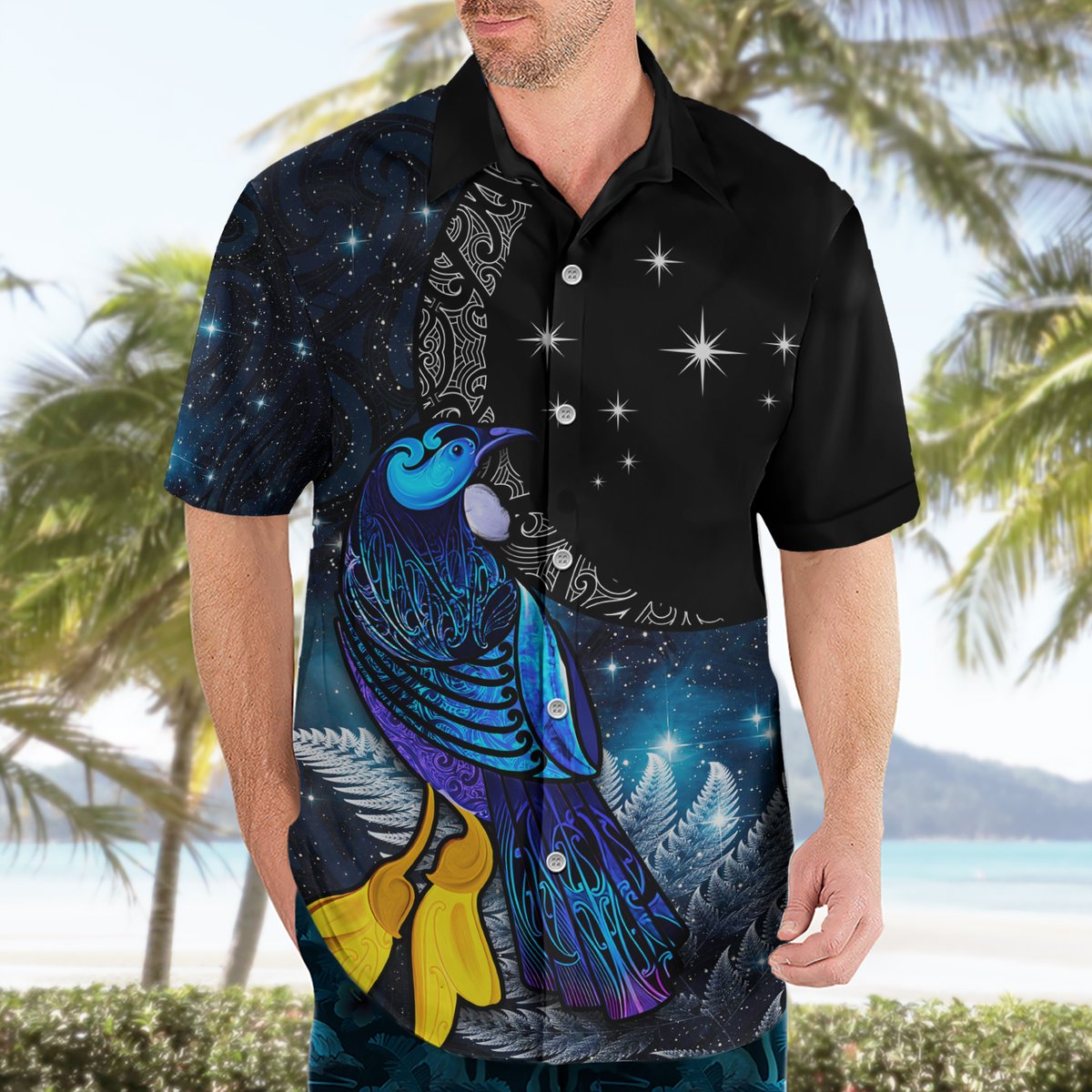 New Zealand Tui Bird Matariki Hawaiian Shirt Galaxy Fern With Maori Pattern LT03 - Polynesian Pride