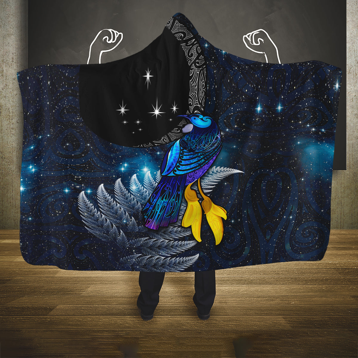 New Zealand Tui Bird Matariki Hooded Blanket Galaxy Fern With Maori Pattern LT03 One Size Blue - Polynesian Pride