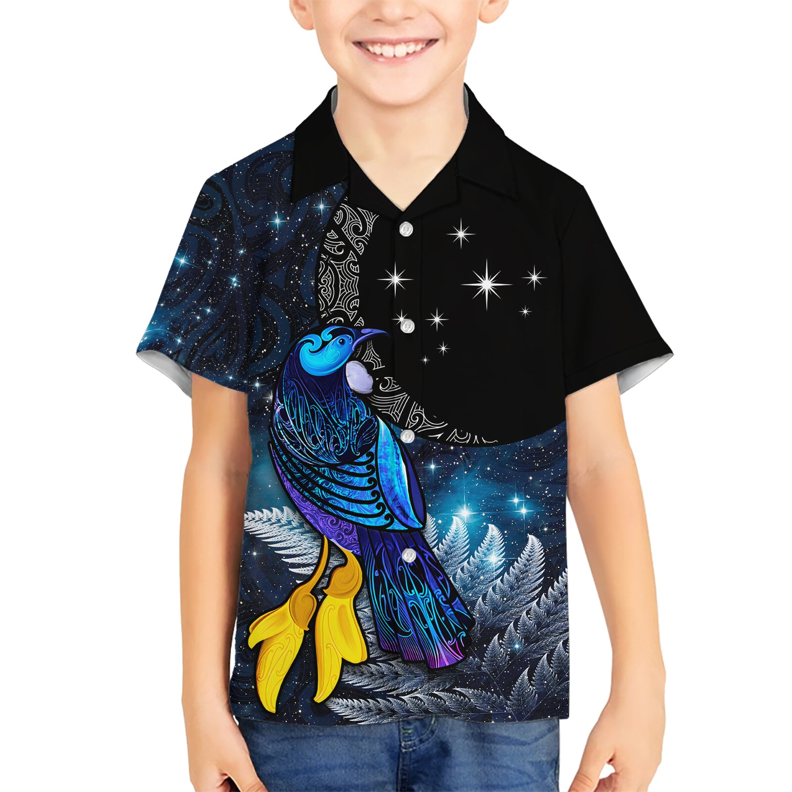 New Zealand Tui Bird Matariki Kid Hawaiian Shirt Galaxy Fern With Maori Pattern LT03 Kid Blue - Polynesian Pride