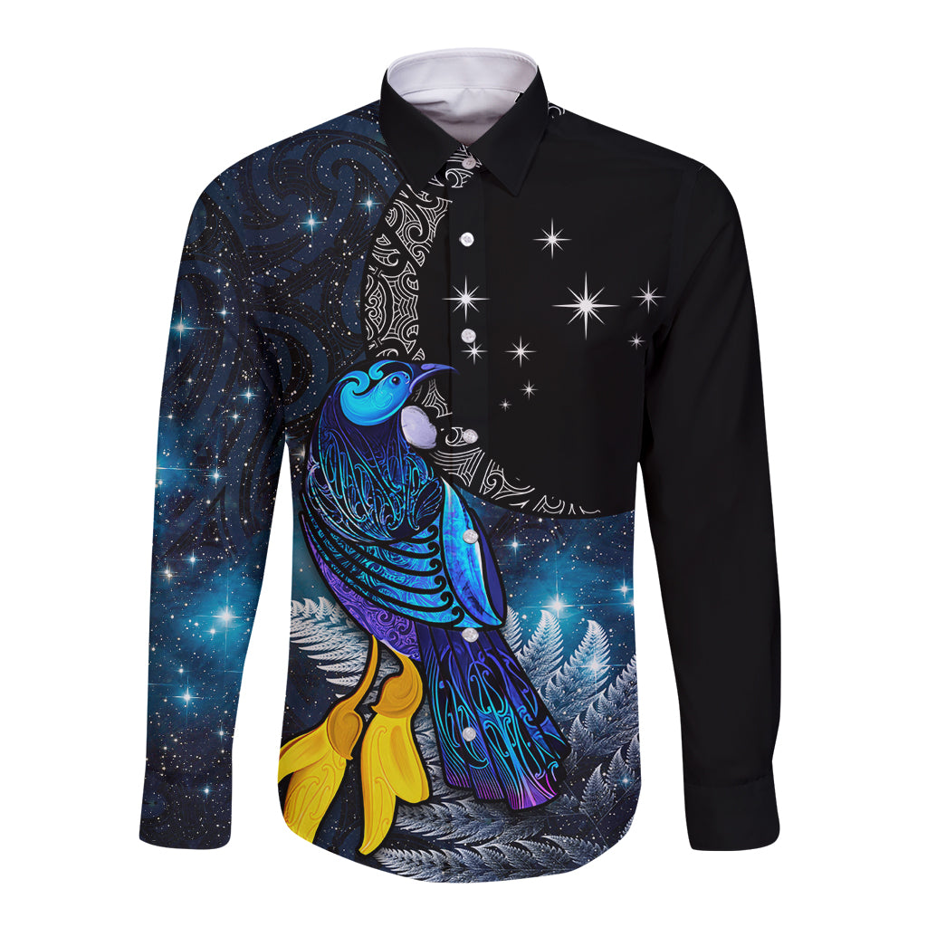 New Zealand Tui Bird Matariki Long Sleeve Button Shirt Galaxy Fern With Maori Pattern LT03 Unisex Blue - Polynesian Pride