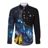 New Zealand Tui Bird Matariki Long Sleeve Button Shirt Galaxy Fern With Maori Pattern LT03 Unisex Blue - Polynesian Pride
