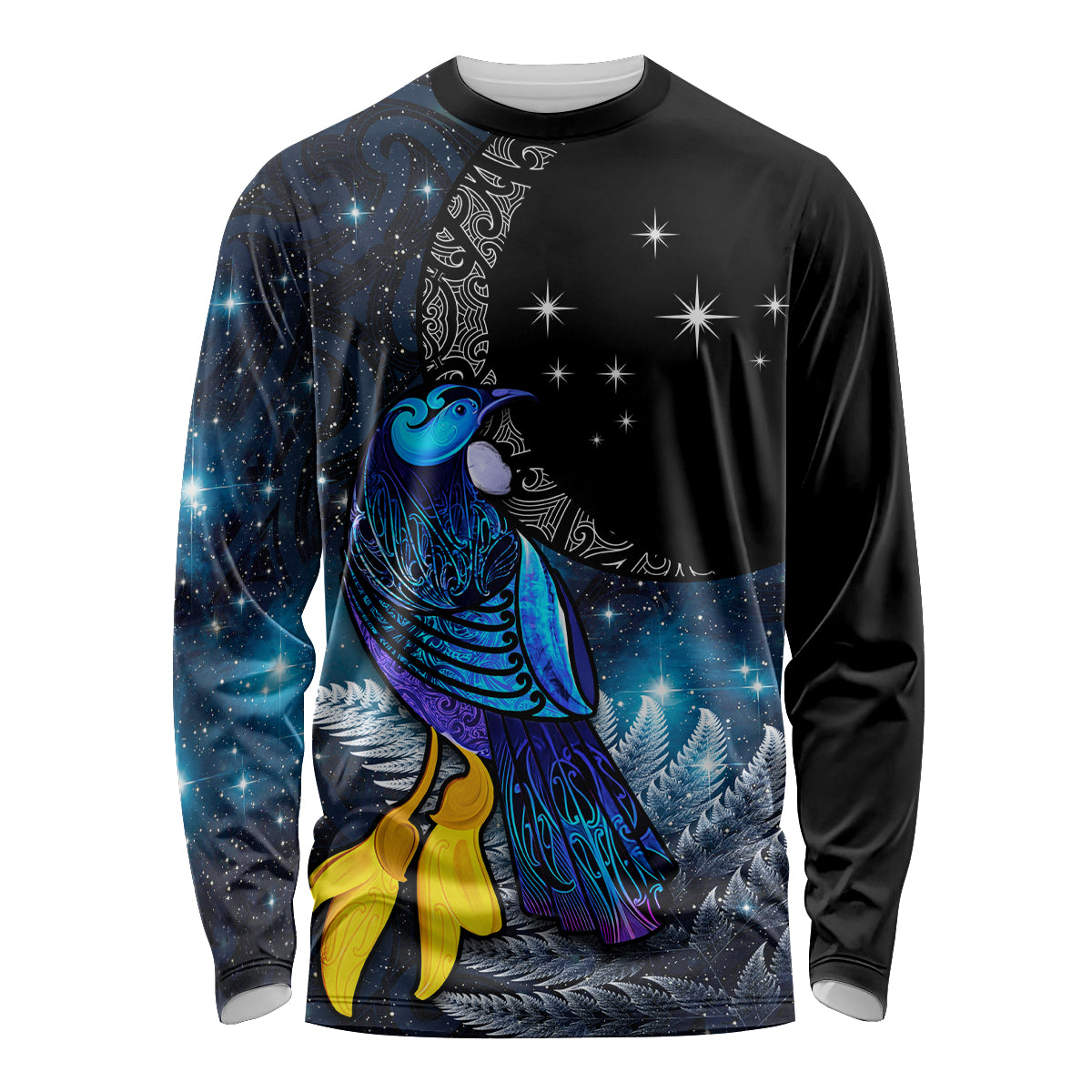 New Zealand Tui Bird Matariki Long Sleeve Shirt Galaxy Fern With Maori Pattern