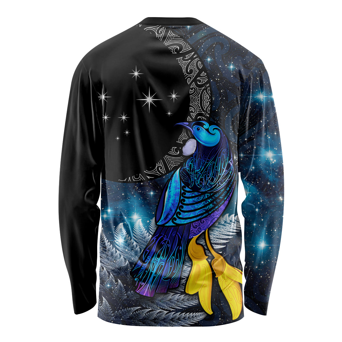 New Zealand Tui Bird Matariki Long Sleeve Shirt Galaxy Fern With Maori Pattern LT03 - Polynesian Pride