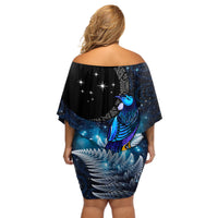 New Zealand Tui Bird Matariki Off Shoulder Short Dress Galaxy Fern With Maori Pattern